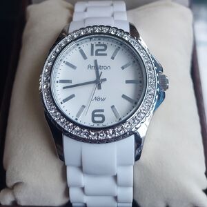 Armitron Silver and White Watch with Sparkling Bezel